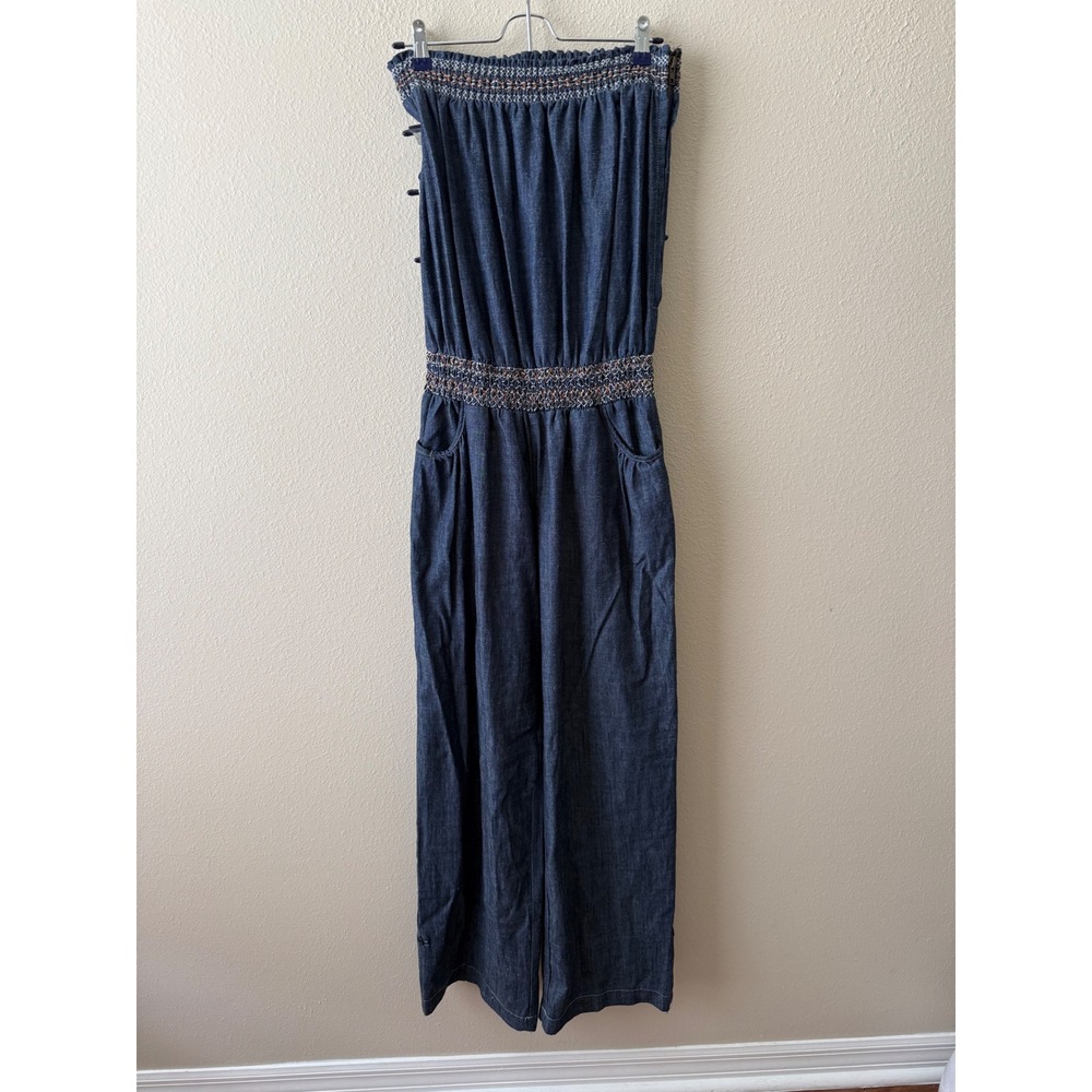 Poetry Clothing Womens Strapless Denim Jumpsuit Smocked Embroidered Wide Leg L